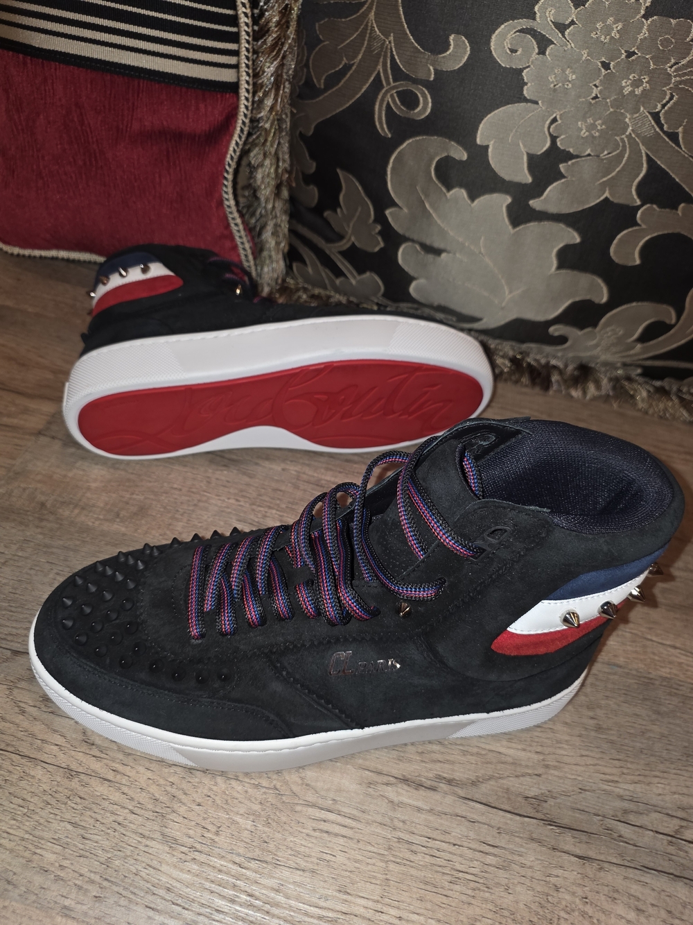 Christian Louboutin Black Suede High-Top Sneakers with Red and White Accents